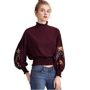 Embroidered Lantern Sleeve Mock Top